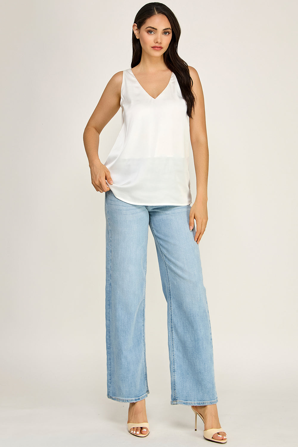 Satin V Neck Sleeveless Top – Lightweight Drape Tank for Women
