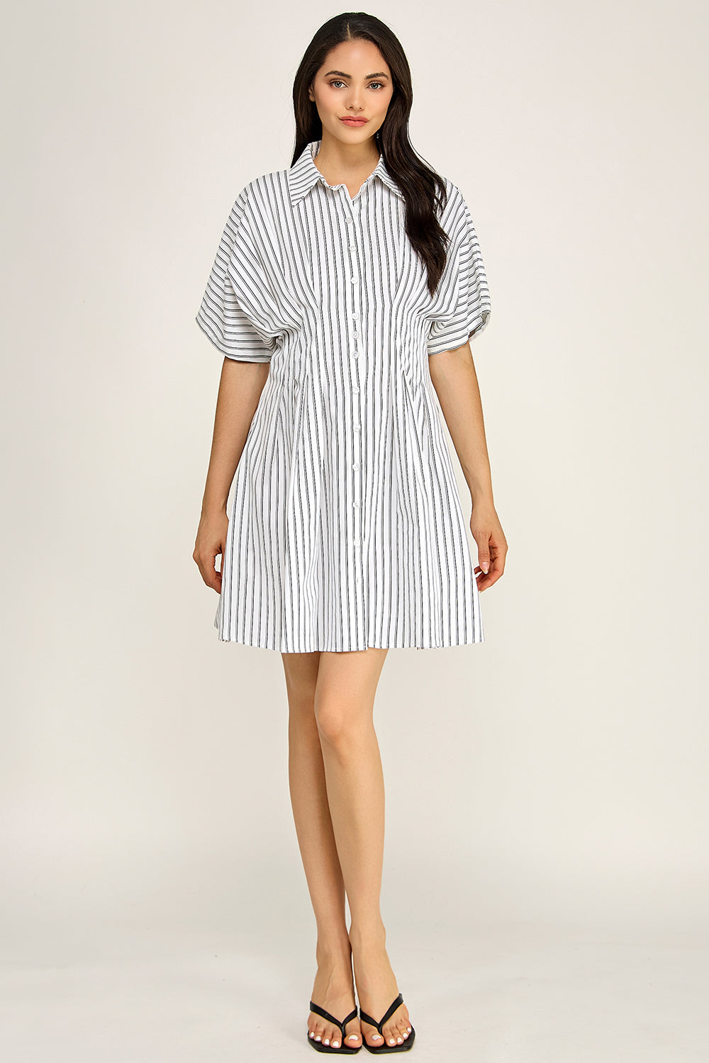 Stripe Button Down Shirt Midi Dress | Pintuck Waist Short Sleeve