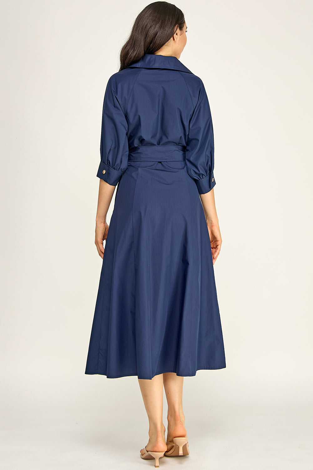 Navy Cotton Poplin Button Down Midi Dress | Collared Self-Tie Belt