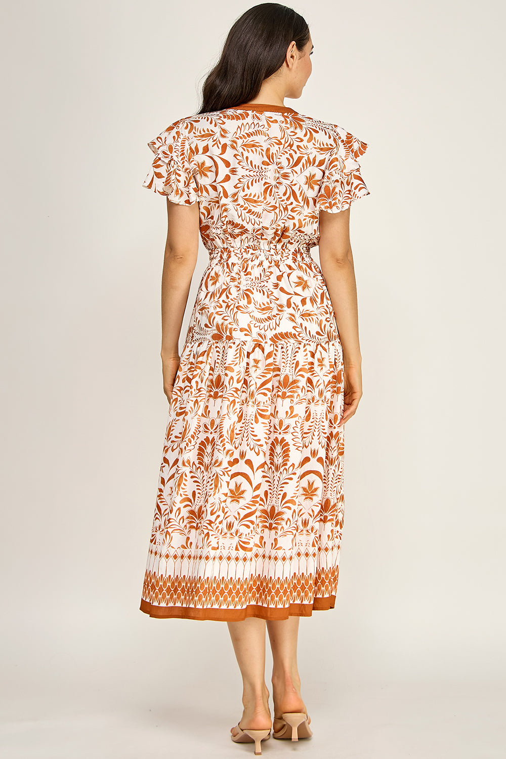 Flutter Sleeve Printed Midi Dress | V-Neck Elastic Waist Boho