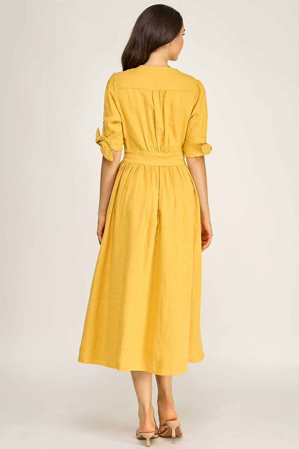 Linen Puff Sleeve Maxi Dress | Button Front V-Neck Tie Cuff