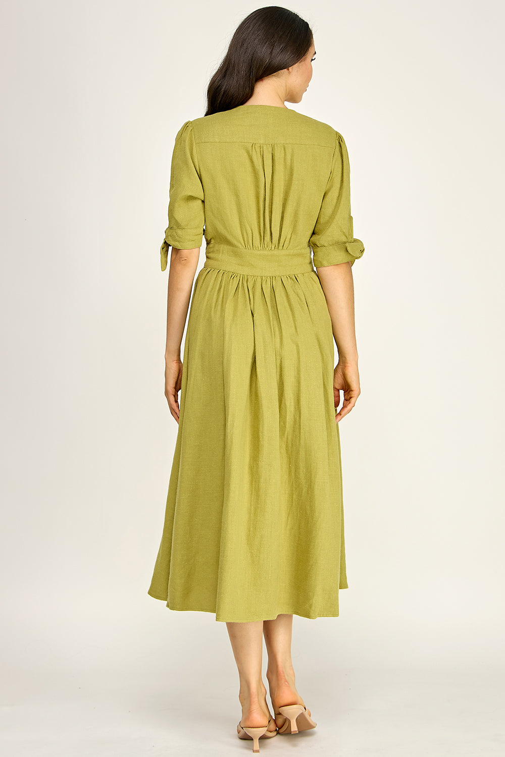 Linen Puff Sleeve Maxi Dress | Button Front V-Neck Tie Cuff