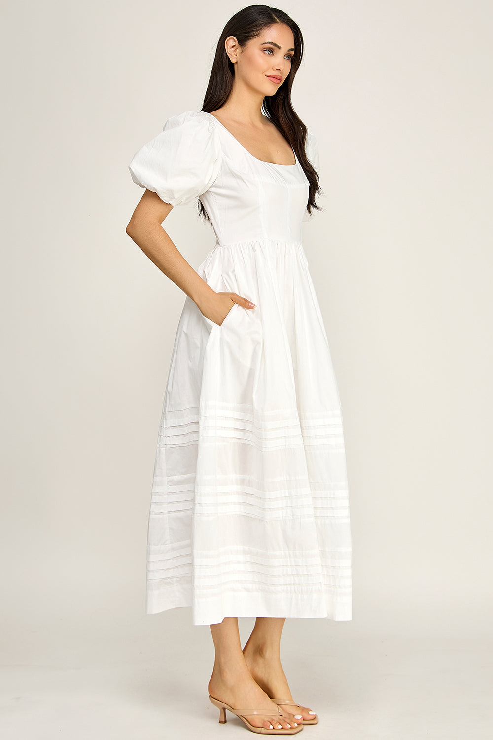 Cotton Poplin Puff Sleeve Midi Dress | Square Neck Pintuck Boutique
