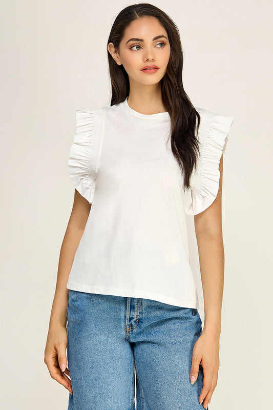 Ruffle Sleeve Cotton Top | Pleated Flutter Sleeve Round Neck
