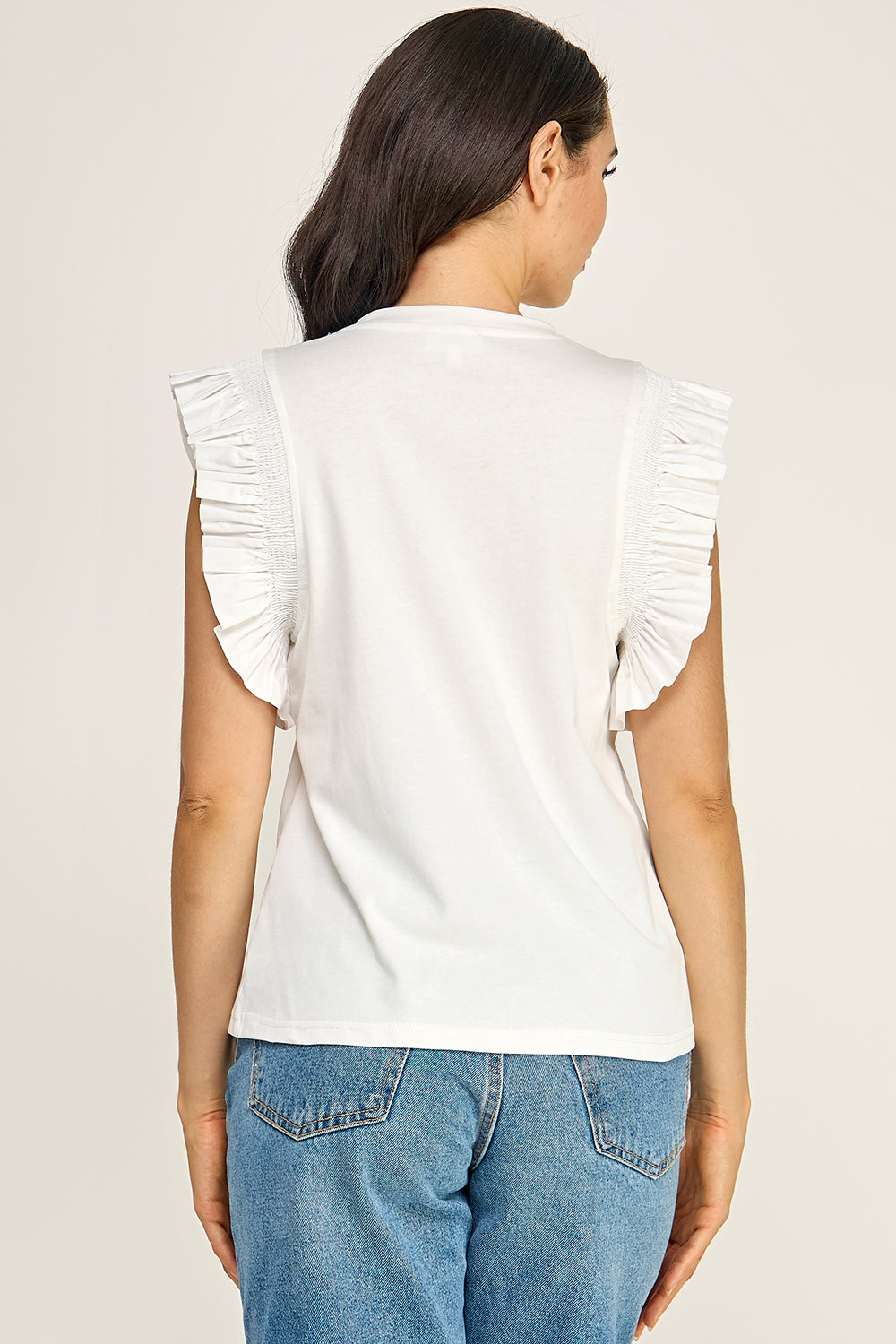 Ruffle Sleeve Cotton Top | Pleated Flutter Sleeve Round Neck