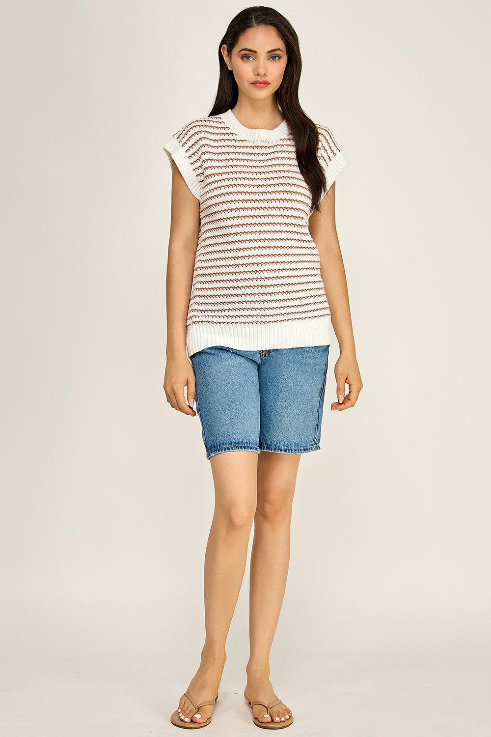 Ivory Brown Stripe Crochet Knit Top | Cap Sleeve Crew Neck Boutique