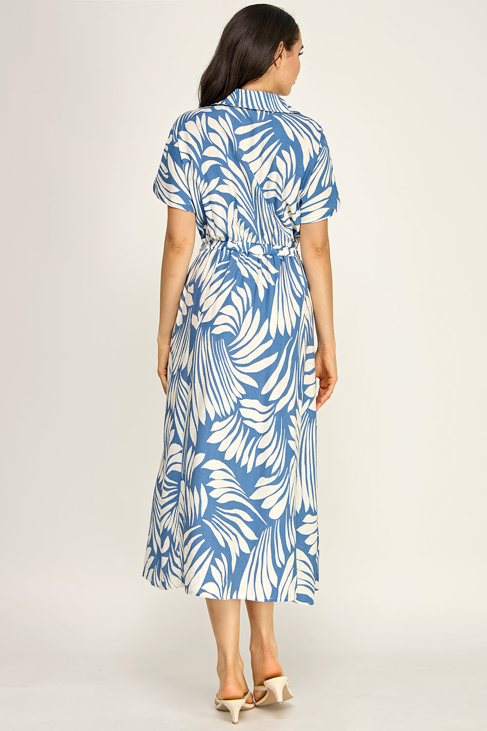 Blue White Palm Print Shirt Dress | Elastic Waist Flowing Midi Dress