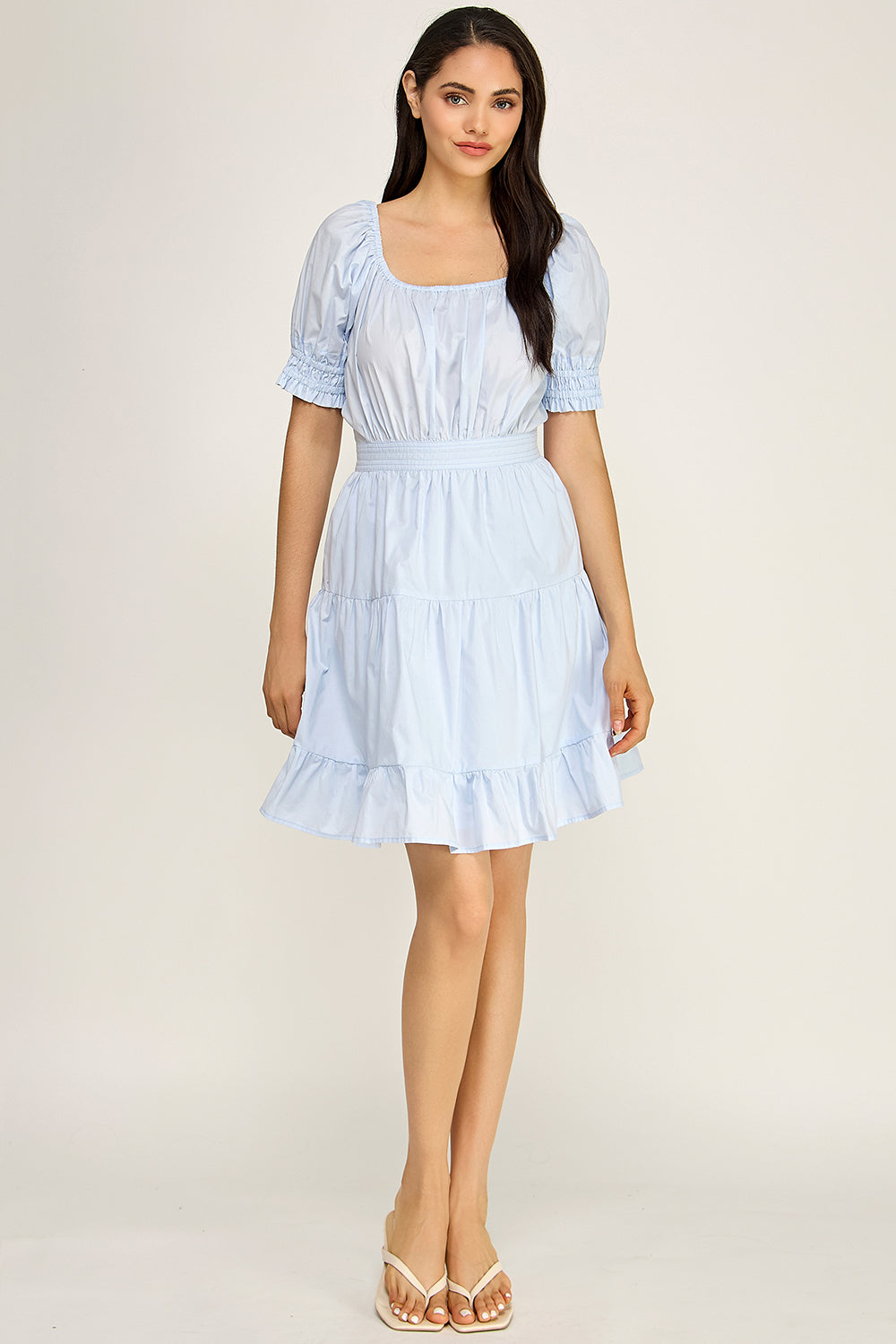 Puff Sleeve Square Neck Tiered Mini Dress – Summer Cotton Dress for Women