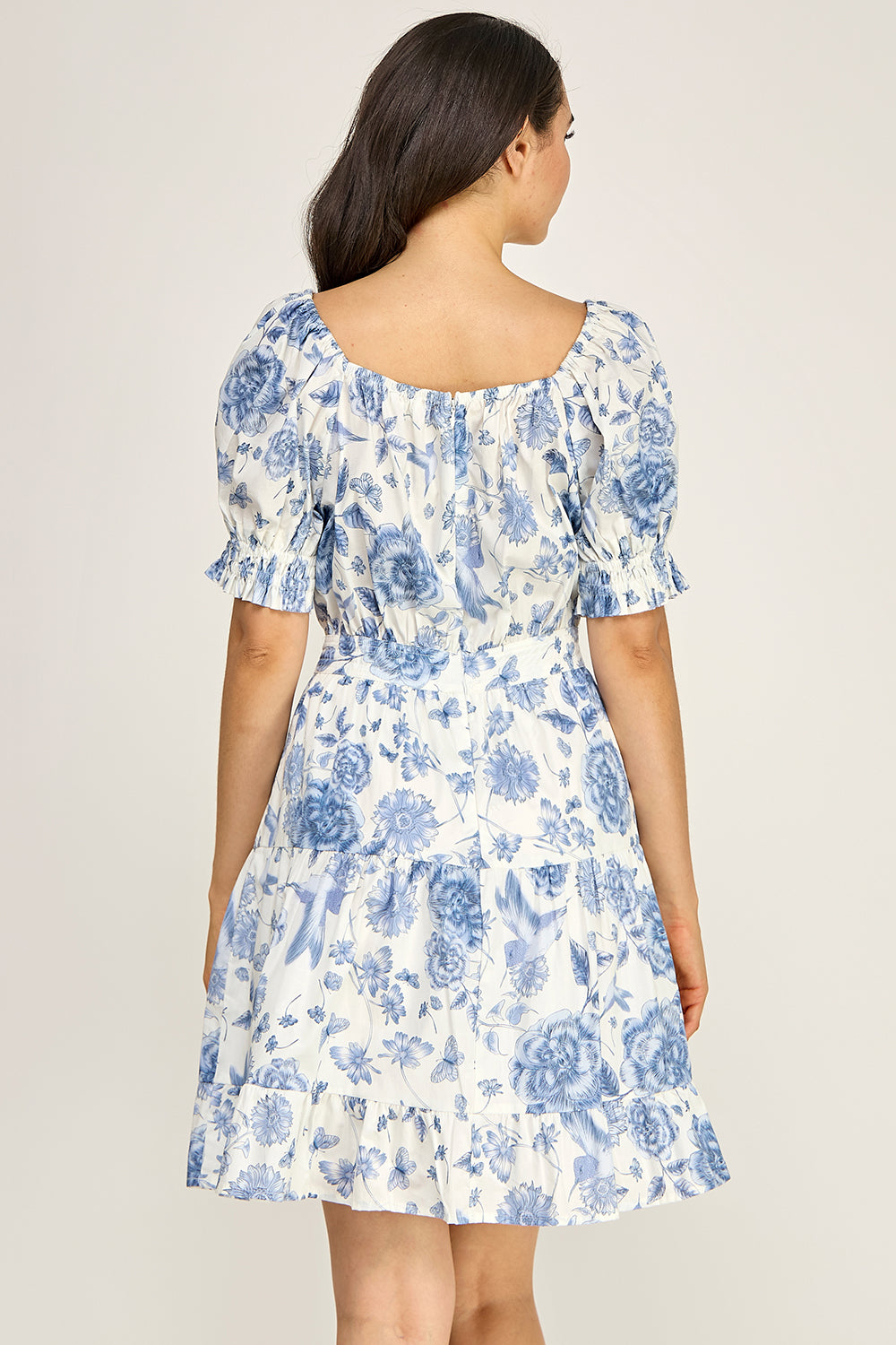Blue Toile Floral Puff Sleeve Tiered Mini Dress | Women's Summer Boutique Dress