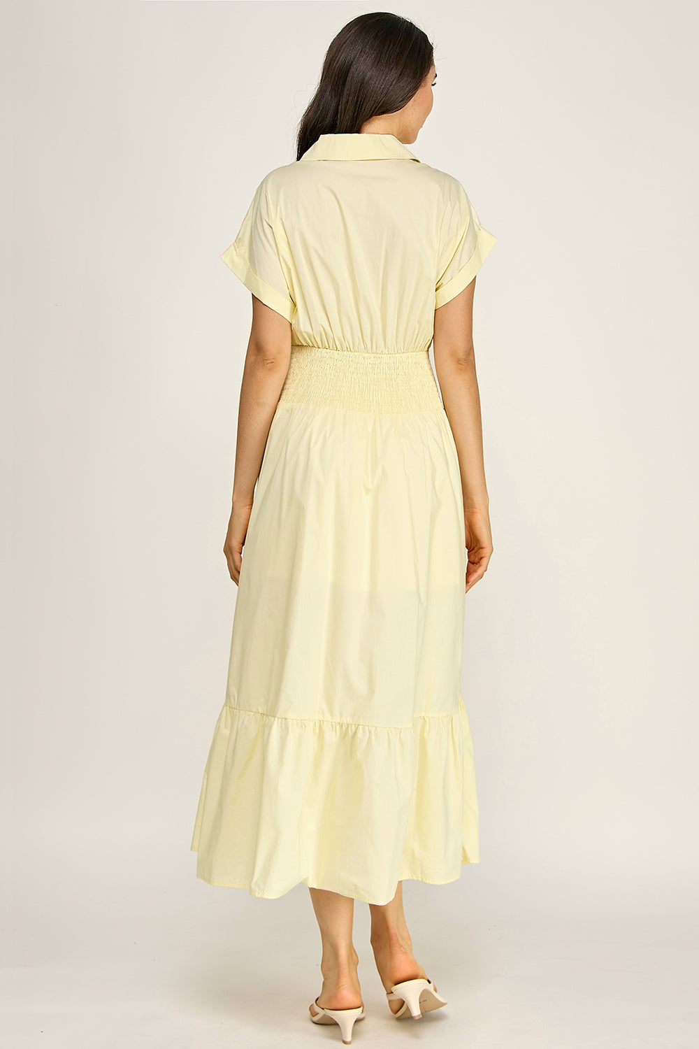 Smocked Waist Button Down Tiered Maxi Dress | Collared Short Sleeve