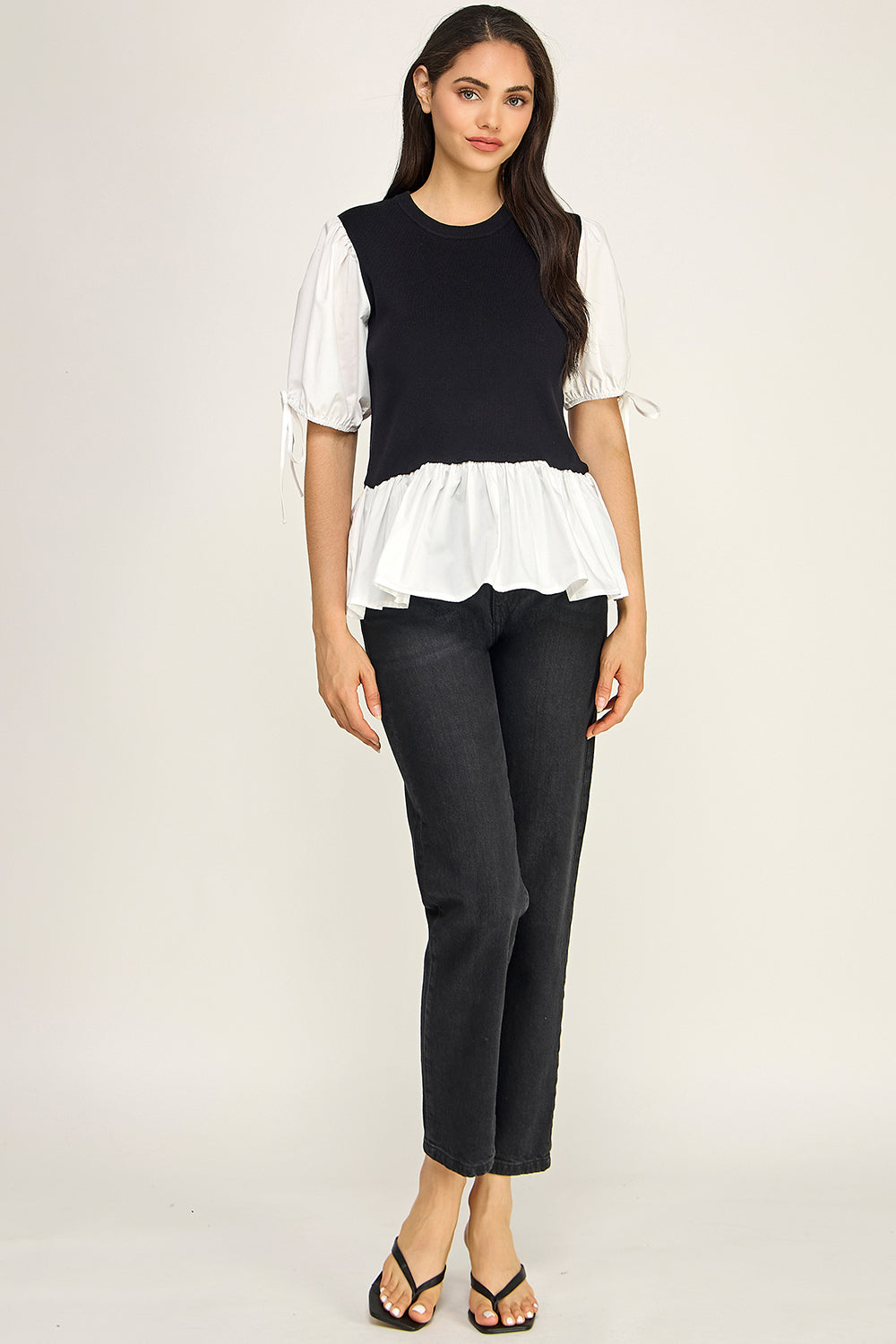 Contrast Puff Sleeve Peplum Knit Top – Two-Piece Look for Women