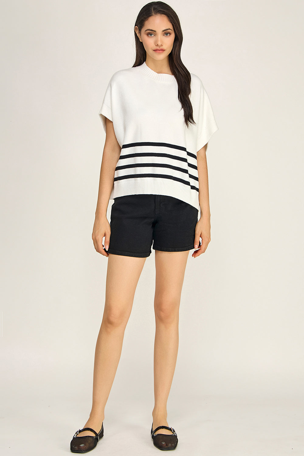 Ivory Black Stripe Turtleneck Knit Top | Cap Sleeve Boutique Sweater