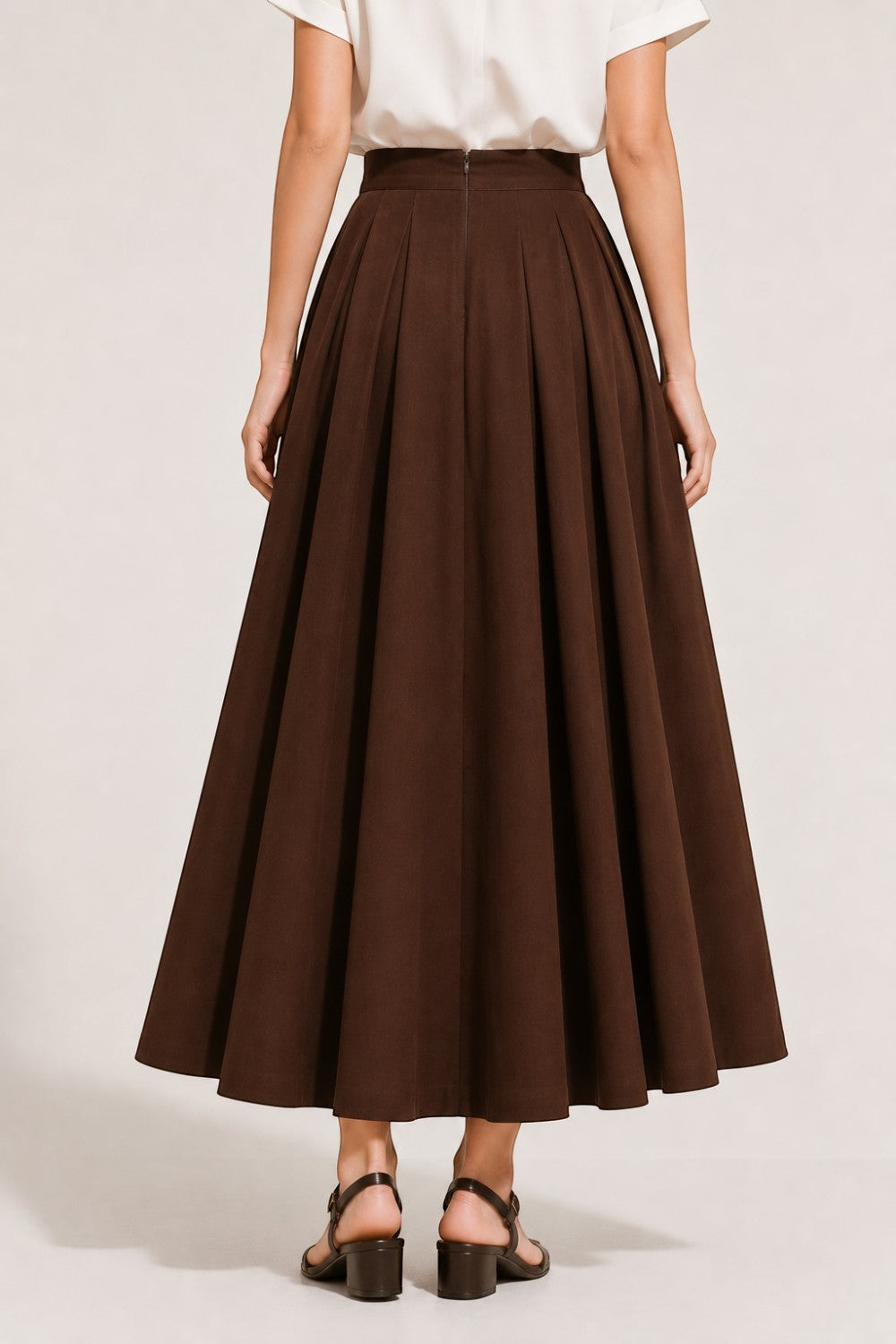 Women's Pleated Cotton Poplin Back Zipper Maxi Skirt