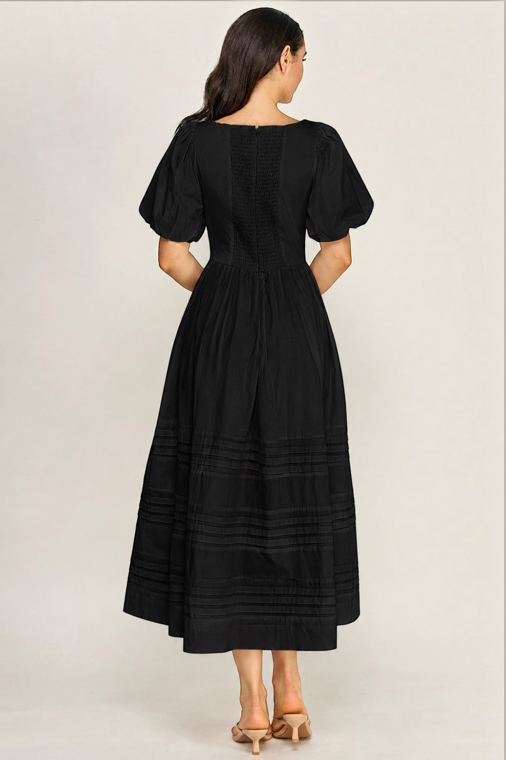 Cotton Poplin Puff Sleeve Midi Dress | Square Neck Pintuck Boutique