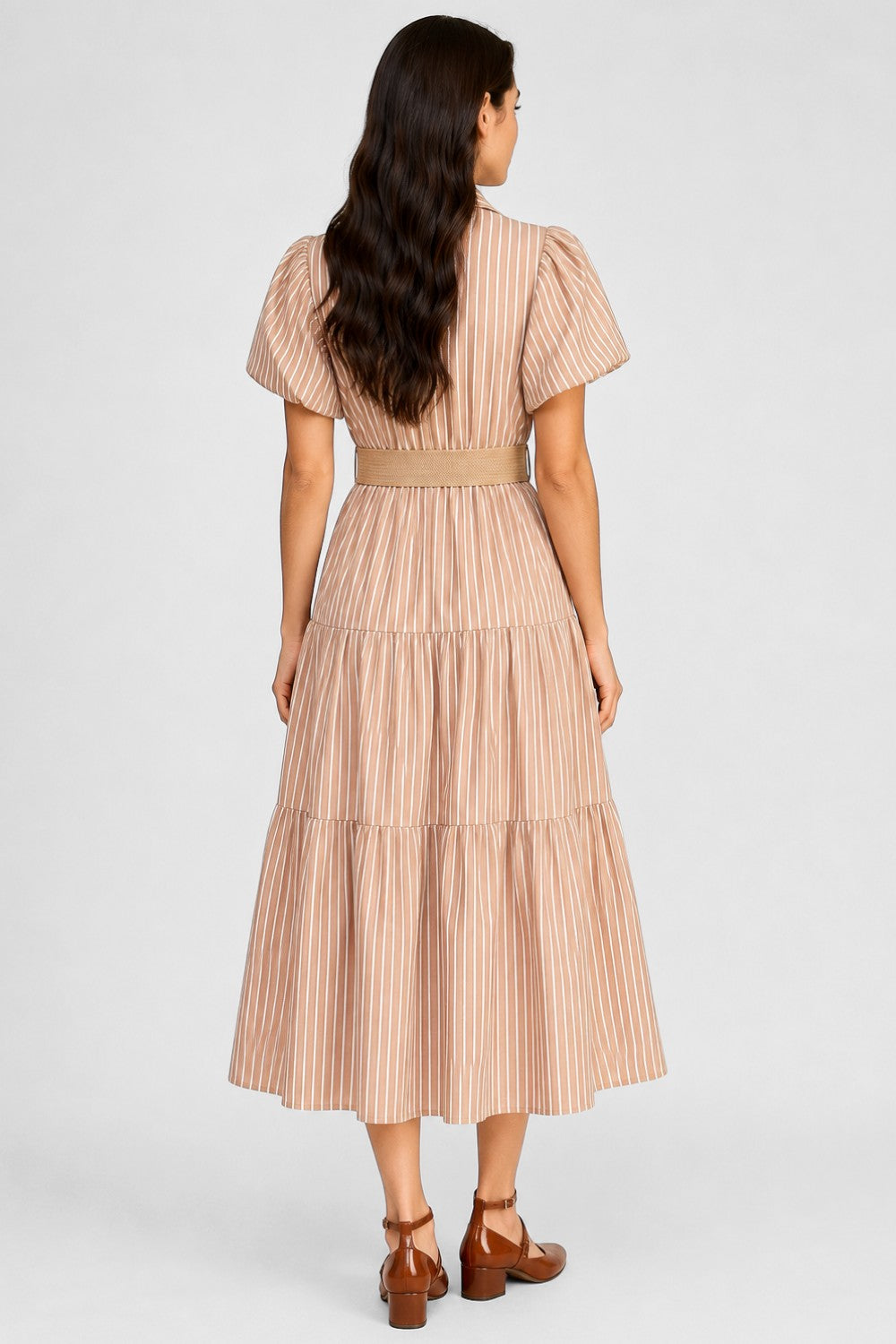 Stripe Puff Sleeve Belted Poplin Shirt Dress | Collared Tiered