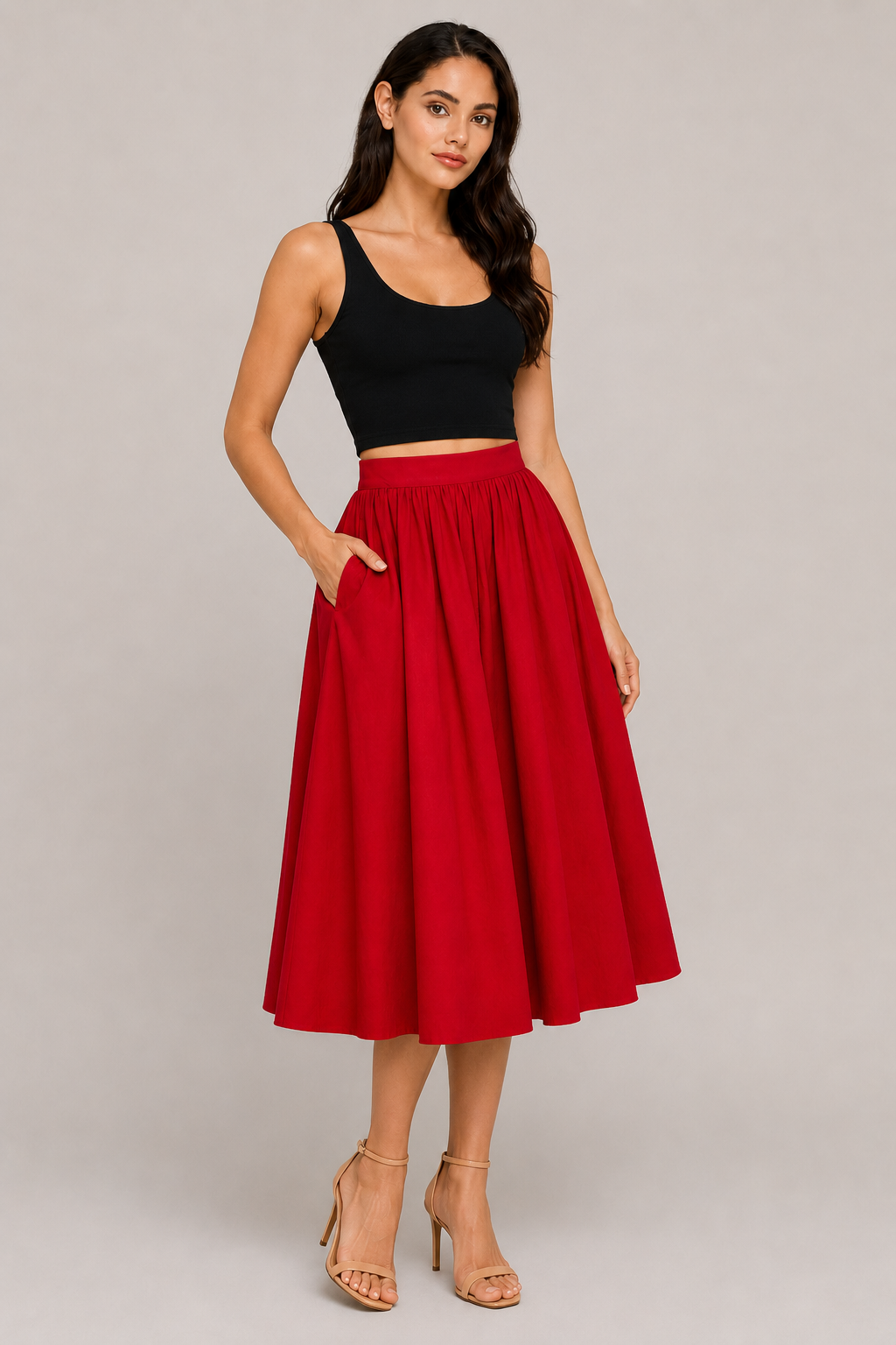 Poppy Red Cotton Poplin A-Line Midi Skirt | Elastic Waist Side Pocket