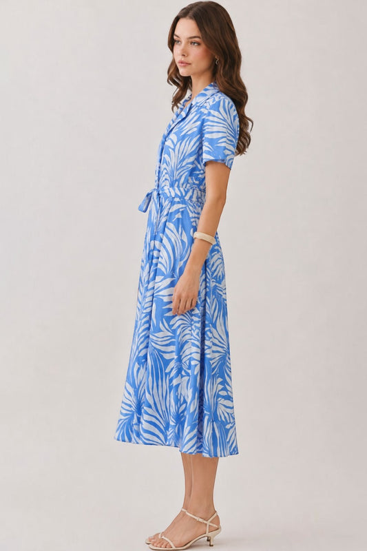 Blue Tropical Palm Print Shirt Dress