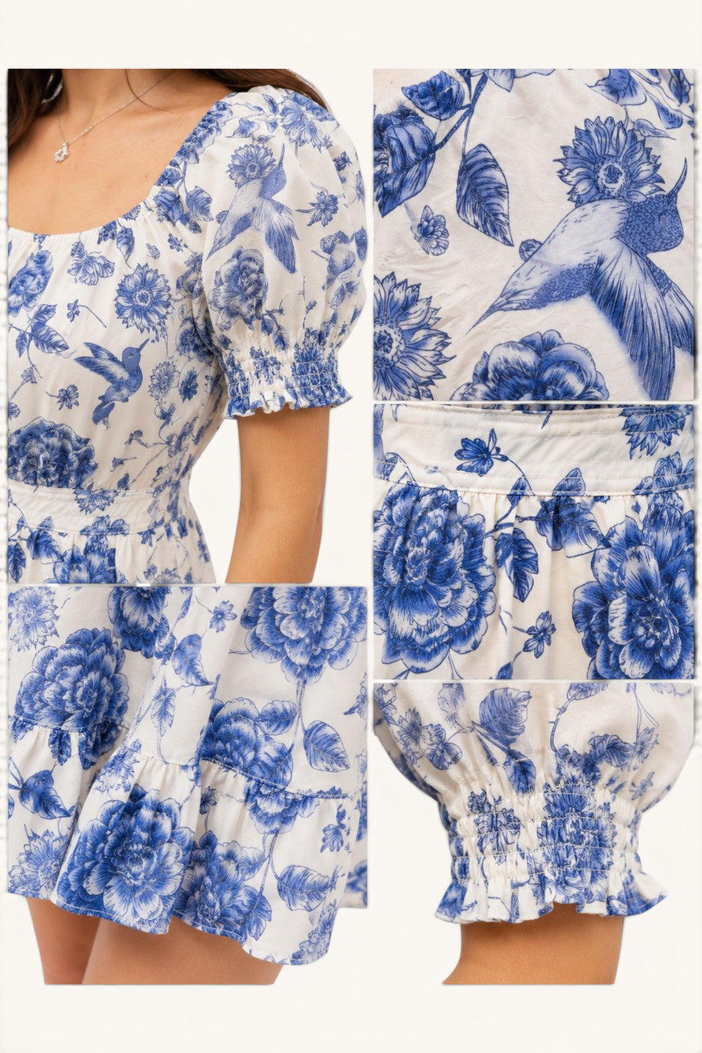 Blue Toile Floral Puff Sleeve Tiered Mini Dress Square Neck Summer