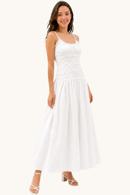 White Cotton Linen Cami Maxi Dress Non-Sheer Flowy Summer