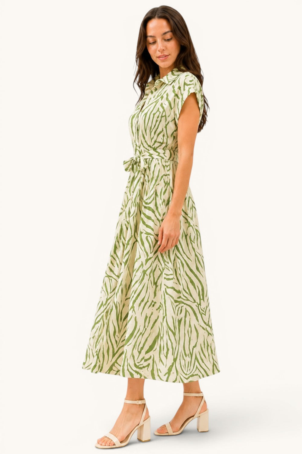 Printed Belted Shirt Midi Dress