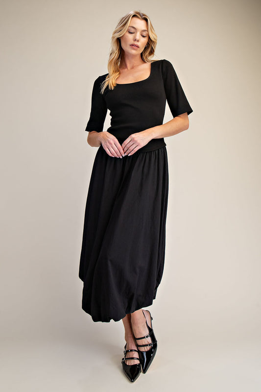 Black Ribbed Knit Top & Poplin Bubble Skirt Midi Dress