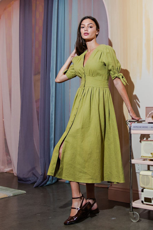 Button Front Puff Sleeve Linen Maxi Dress
