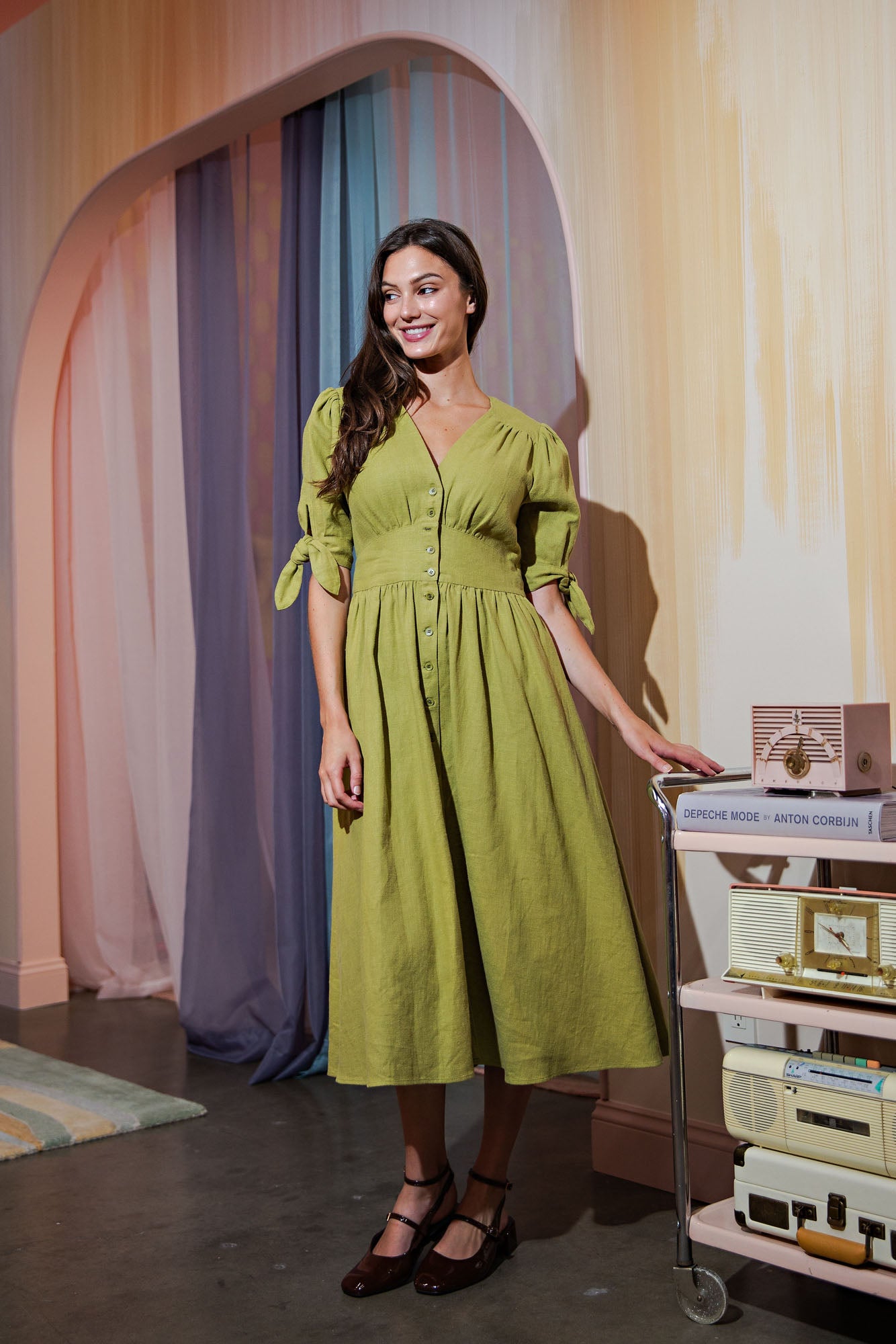 Button Front Puff Sleeve Linen Maxi Dress