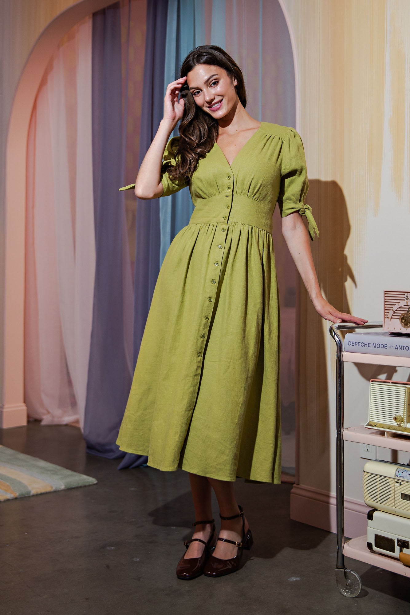 Button Front Puff Sleeve Linen Maxi Dress
