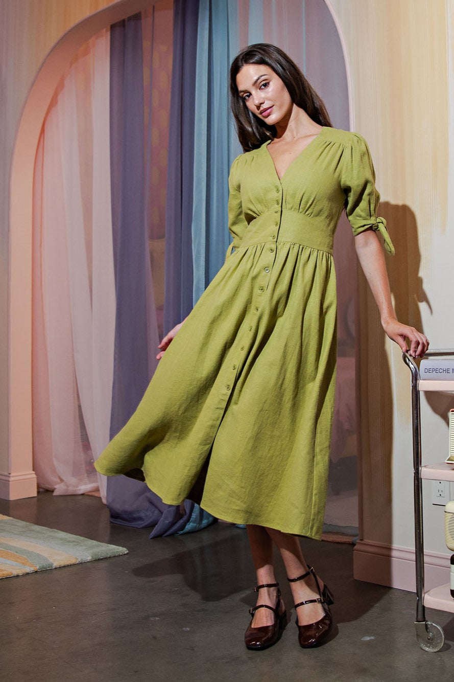 Button Front Puff Sleeve Linen Maxi Dress