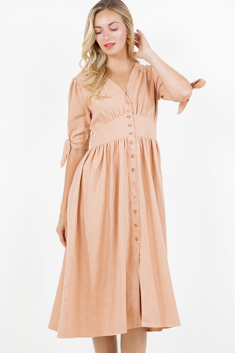 PSD5039-Button Front Puff Sleeve Midi Dress