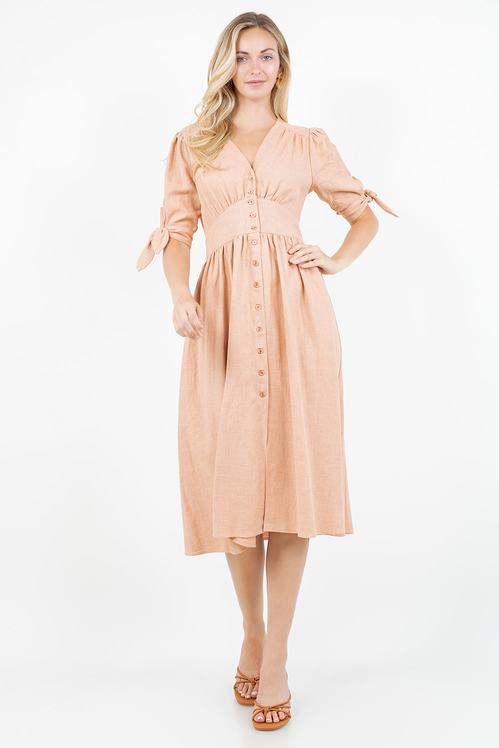 Button Front Puff Sleeve Linen Maxi Dress