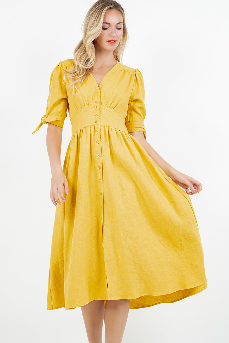 PSD5039-Button Front Puff Sleeve Midi Dress