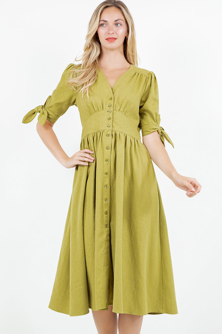 PSD5039-Button Front Puff Sleeve Midi Dress