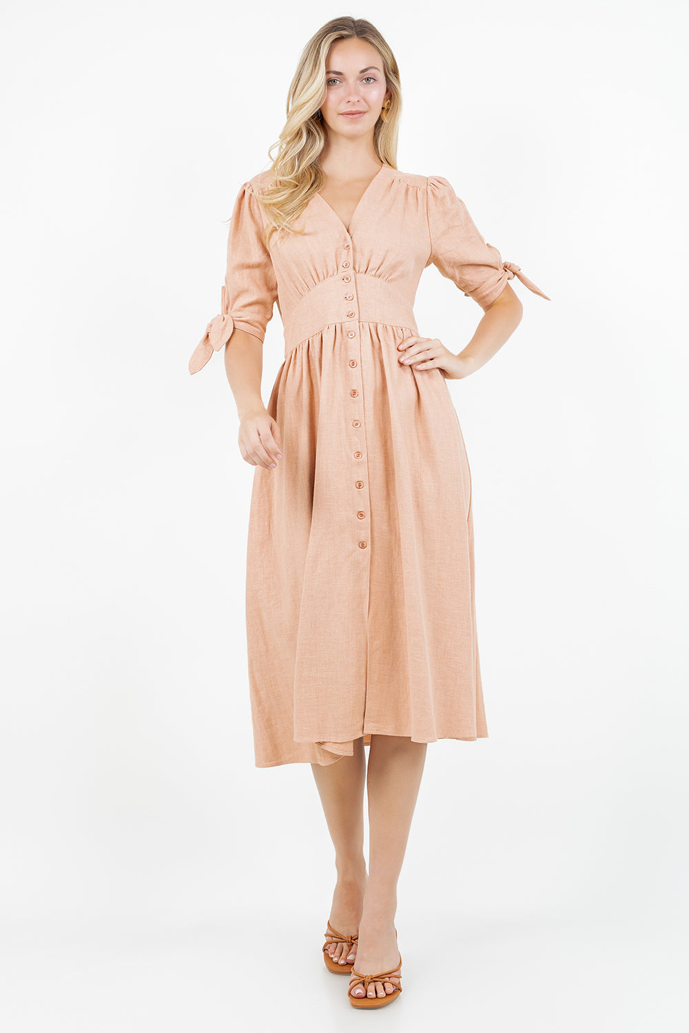 PSD5039-Button Front Puff Sleeve Midi Dress