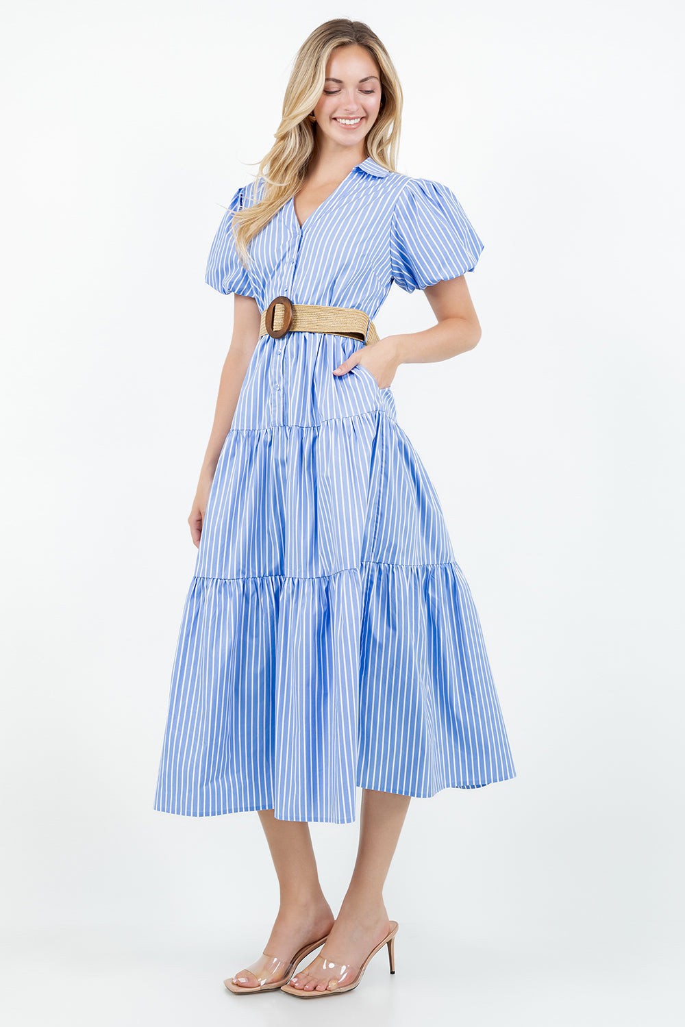 PSD5000-Belted Puff Sleeve Shirt Dress