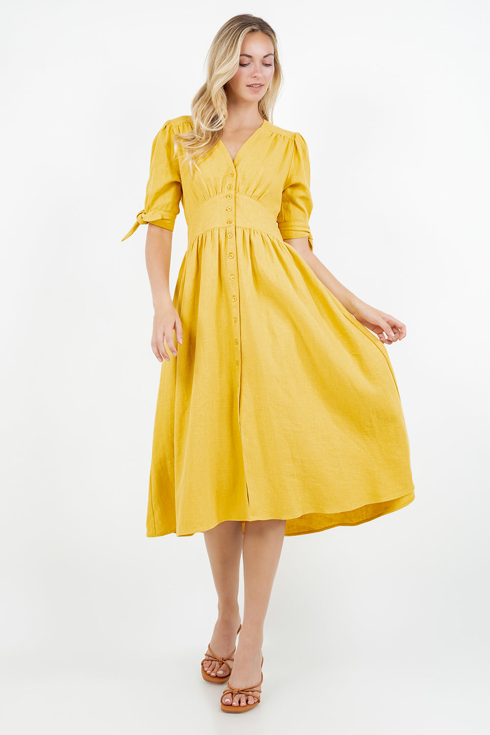 PSD5039-Button Front Puff Sleeve Midi Dress