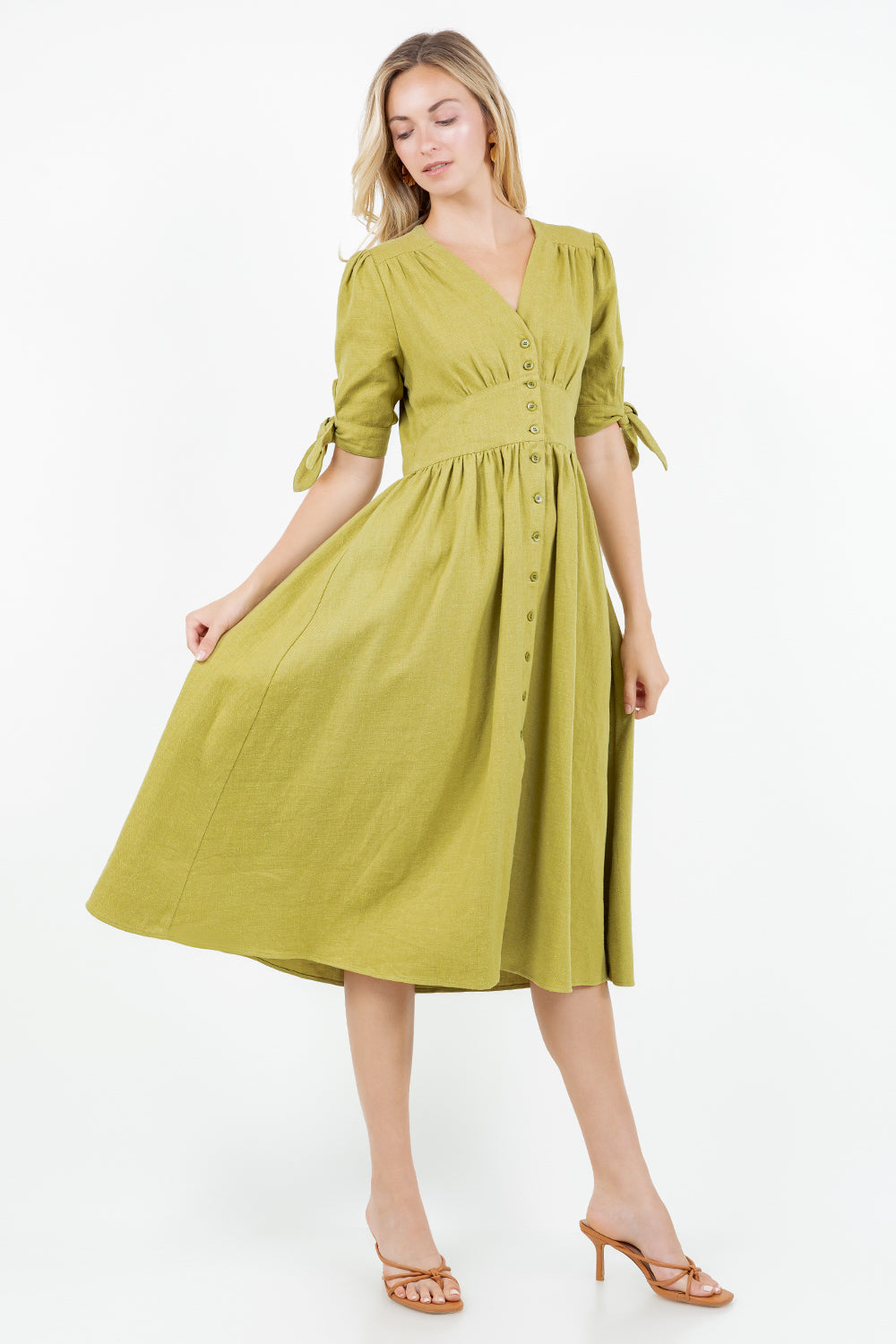 PSD5039-Button Front Puff Sleeve Midi Dress