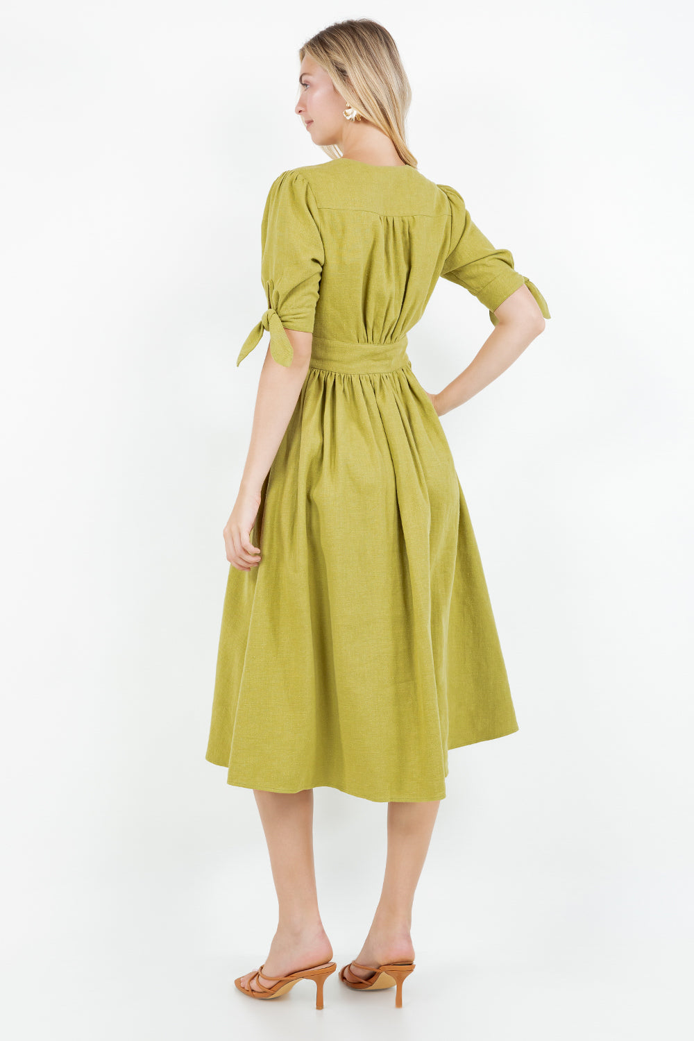 PSD5039-Button Front Puff Sleeve Midi Dress