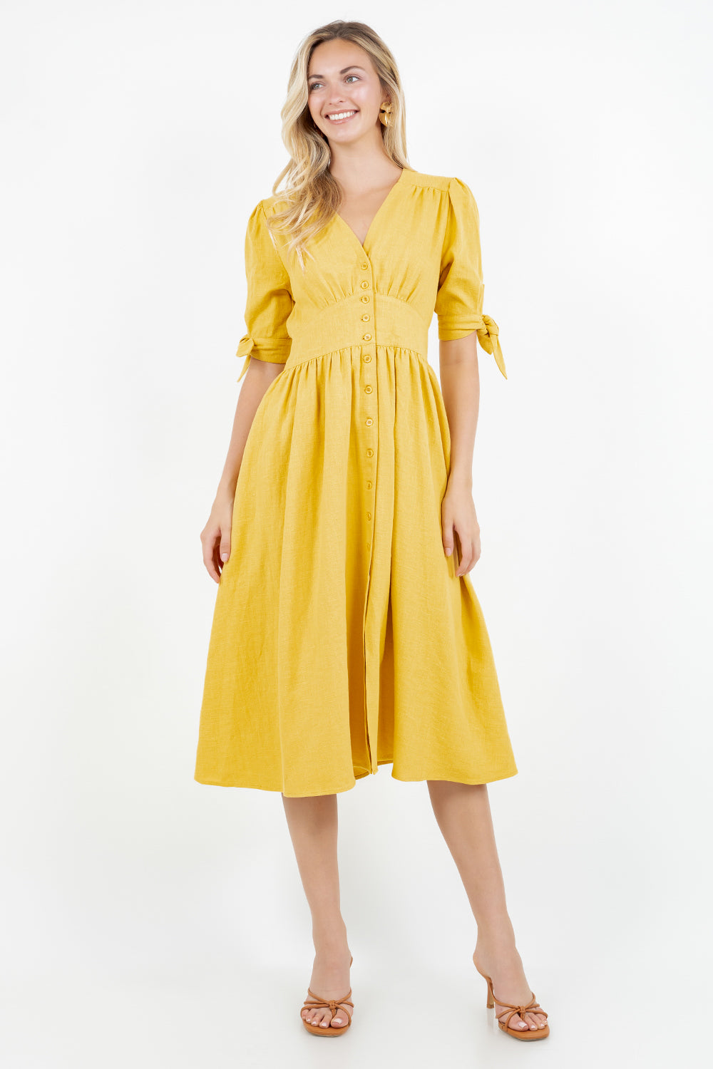 PSD5039-Button Front Puff Sleeve Midi Dress