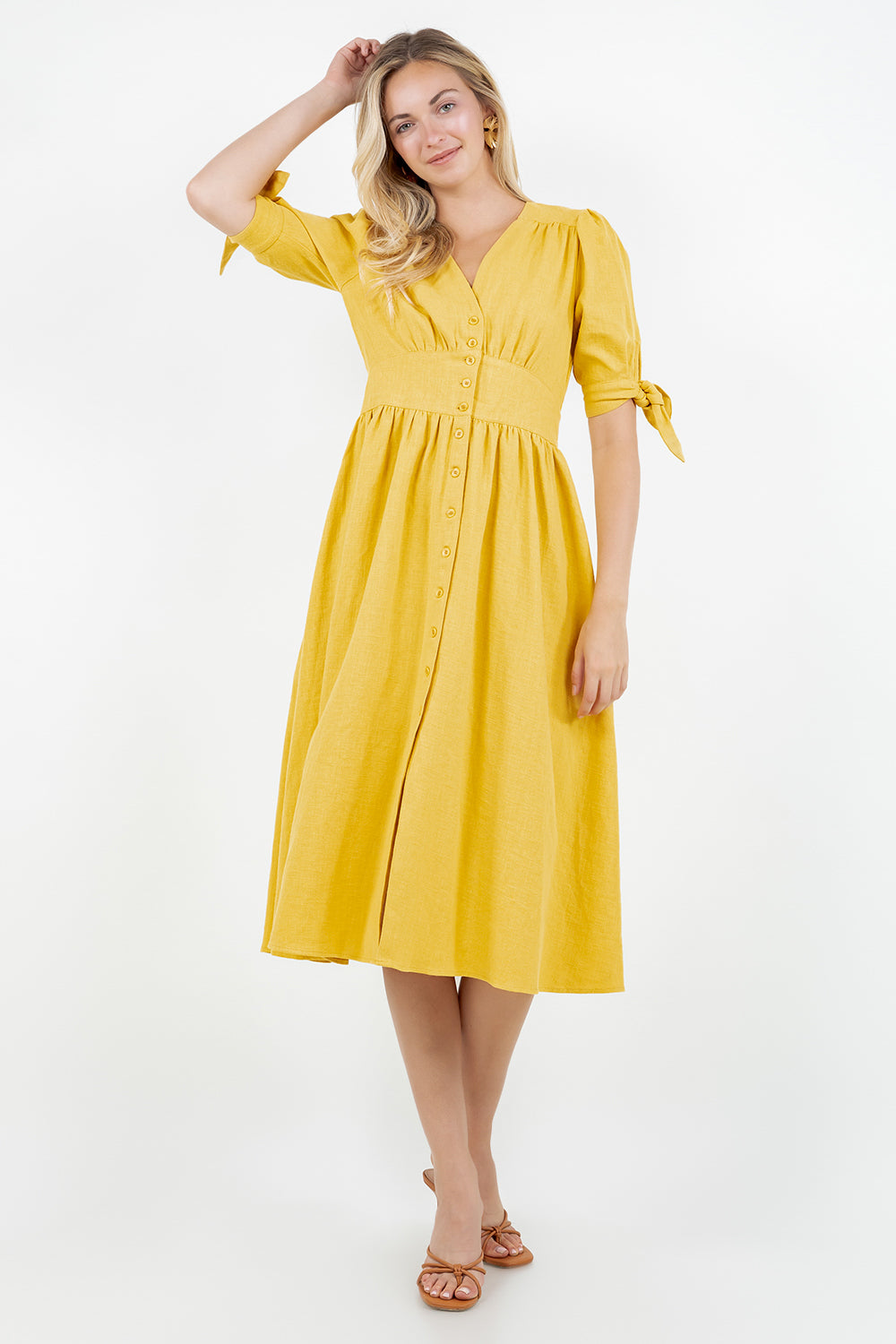 PSD5039-Button Front Puff Sleeve Midi Dress