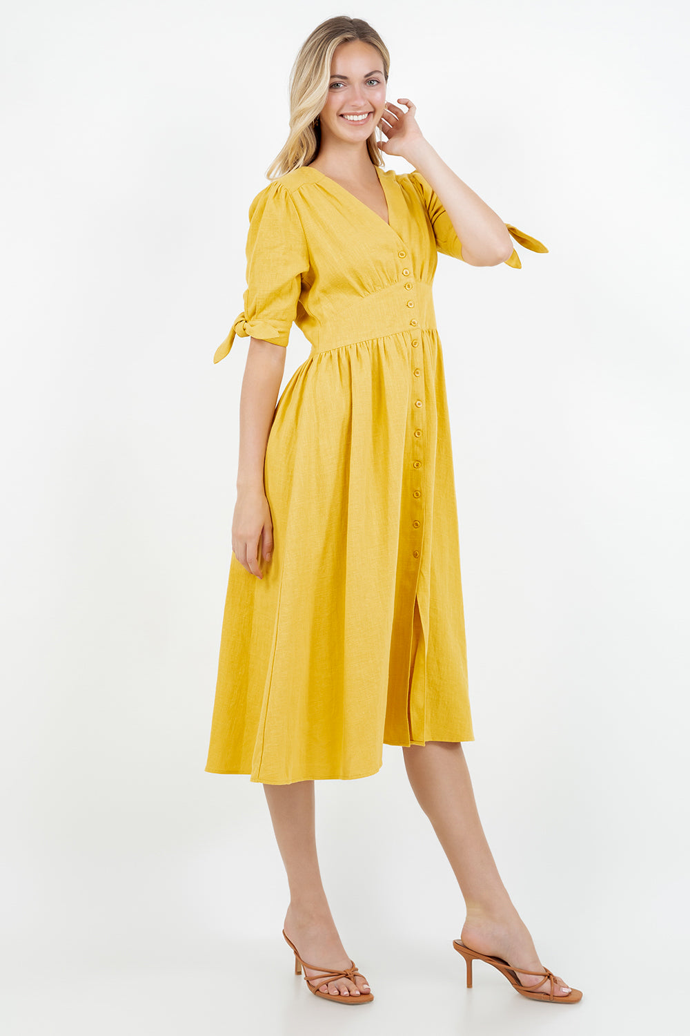 PSD5039-Button Front Puff Sleeve Midi Dress