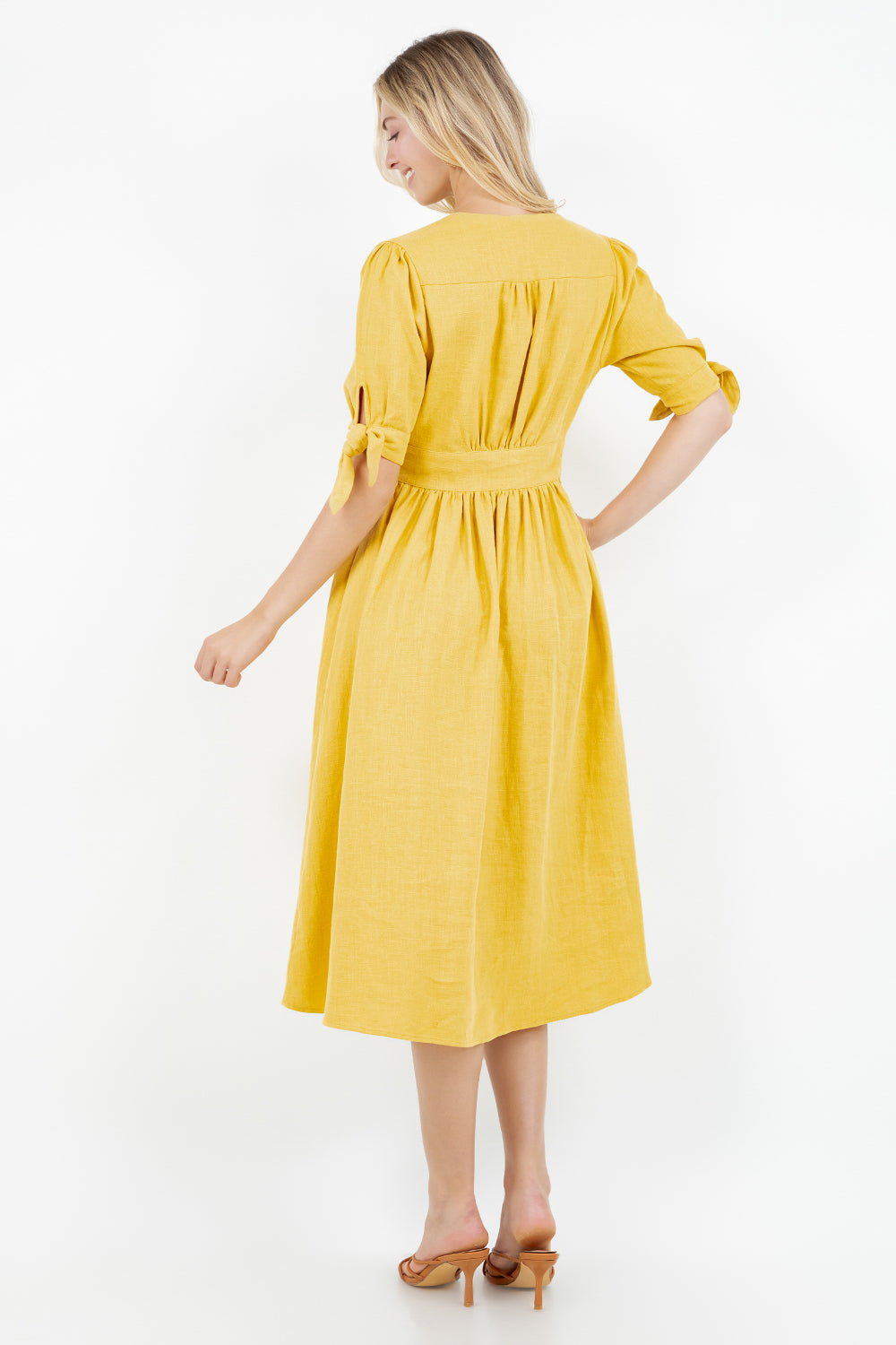 PSD5039-Button Front Puff Sleeve Midi Dress