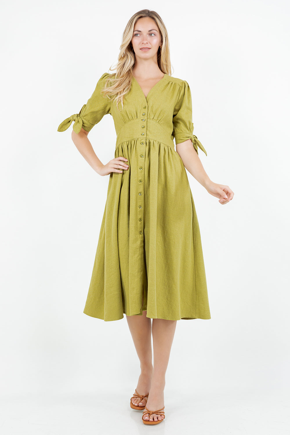 PSD5039-Button Front Puff Sleeve Midi Dress