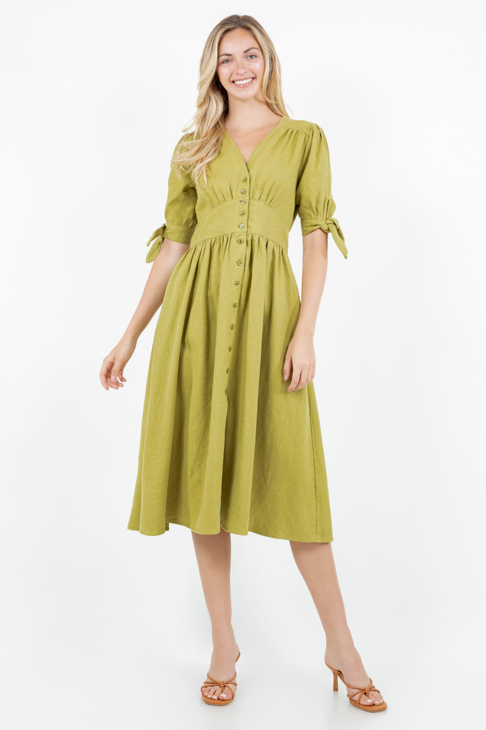 PSD5039-Button Front Puff Sleeve Midi Dress