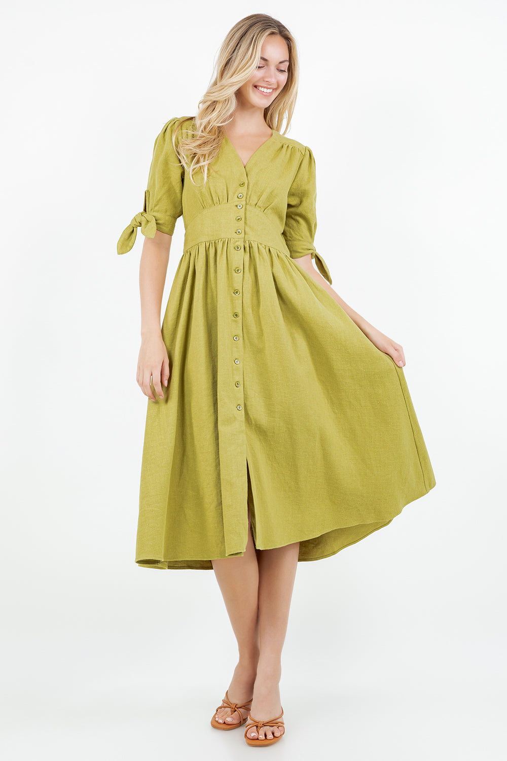 PSD5039-Button Front Puff Sleeve Midi Dress
