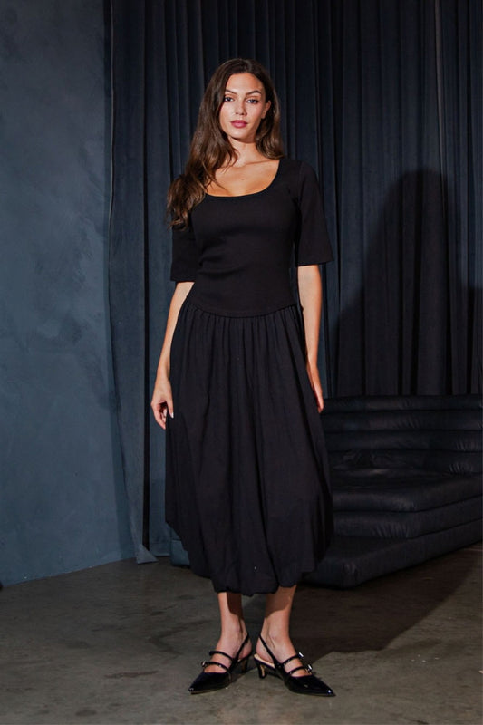 Black Ribbed Knit Top & Poplin Bubble Skirt Midi Dress