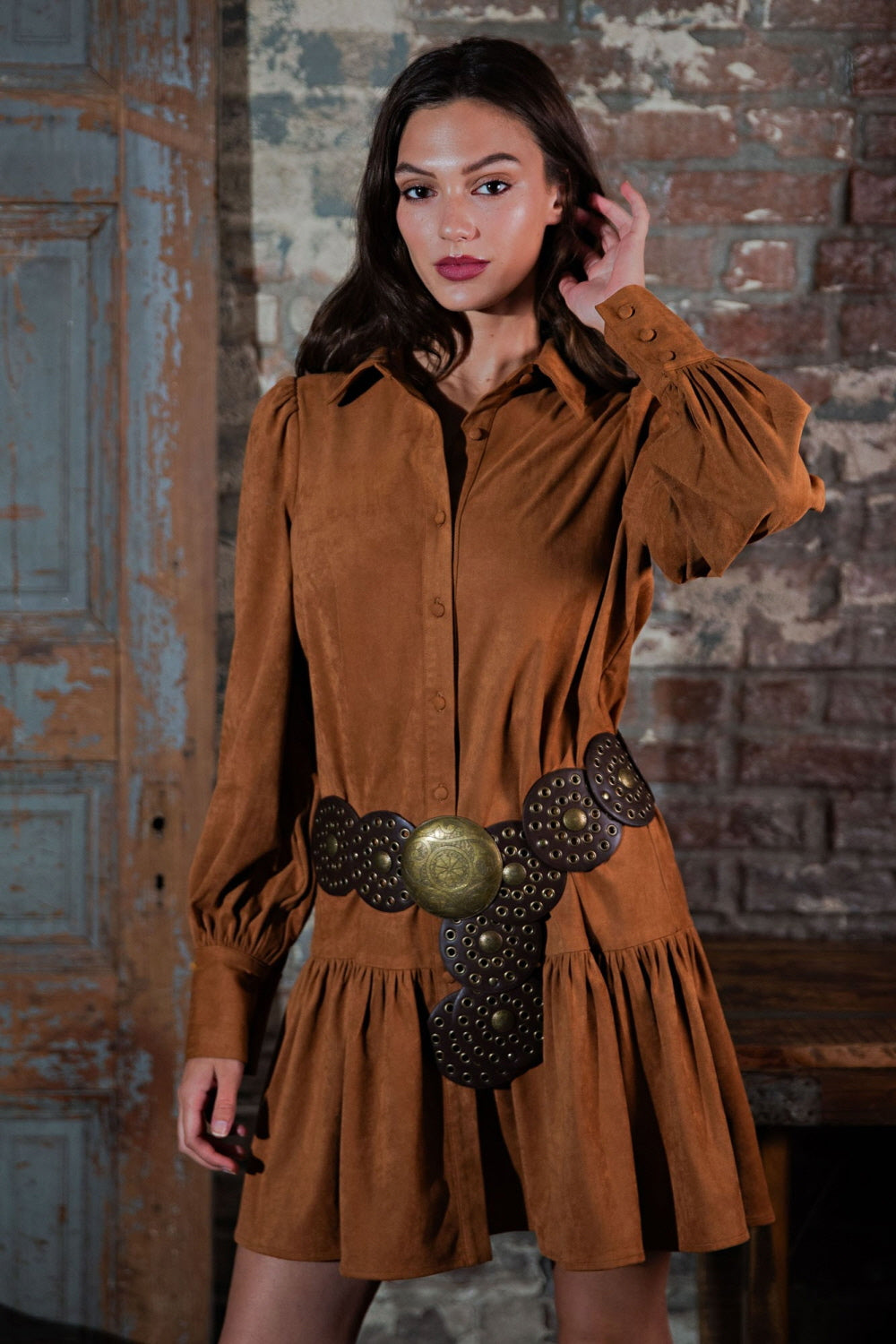 Western Faux Suede Shirt Dress