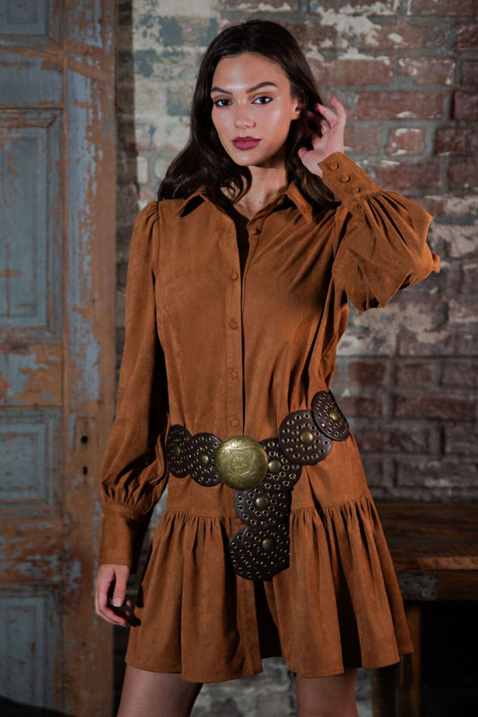 Western Faux Suede Shirt Dress