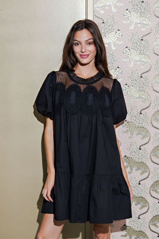 Bubble Sleeve Crochet Lace Babydoll Dress