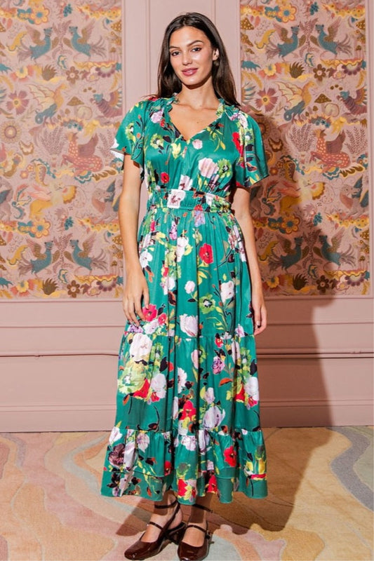 PSD5052 Printed Satin Floral Tiered Maxi Dress – PSD5052